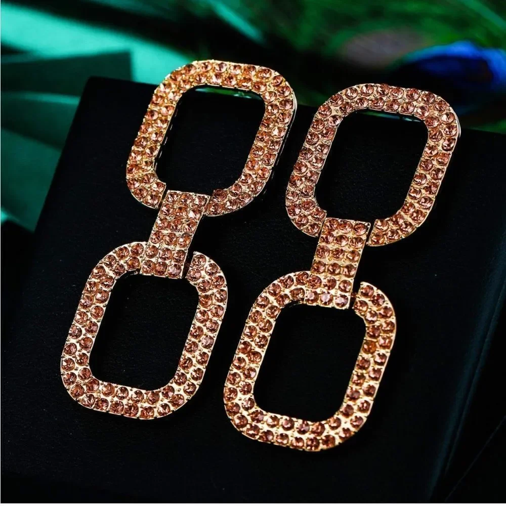 Yellow Gold with Champagne Topaz Austrian Crystal Double Link Post Back Earrings